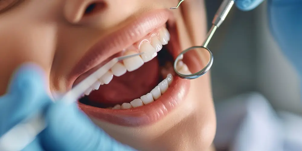 Patient receiving a dental implant examination with dental tools