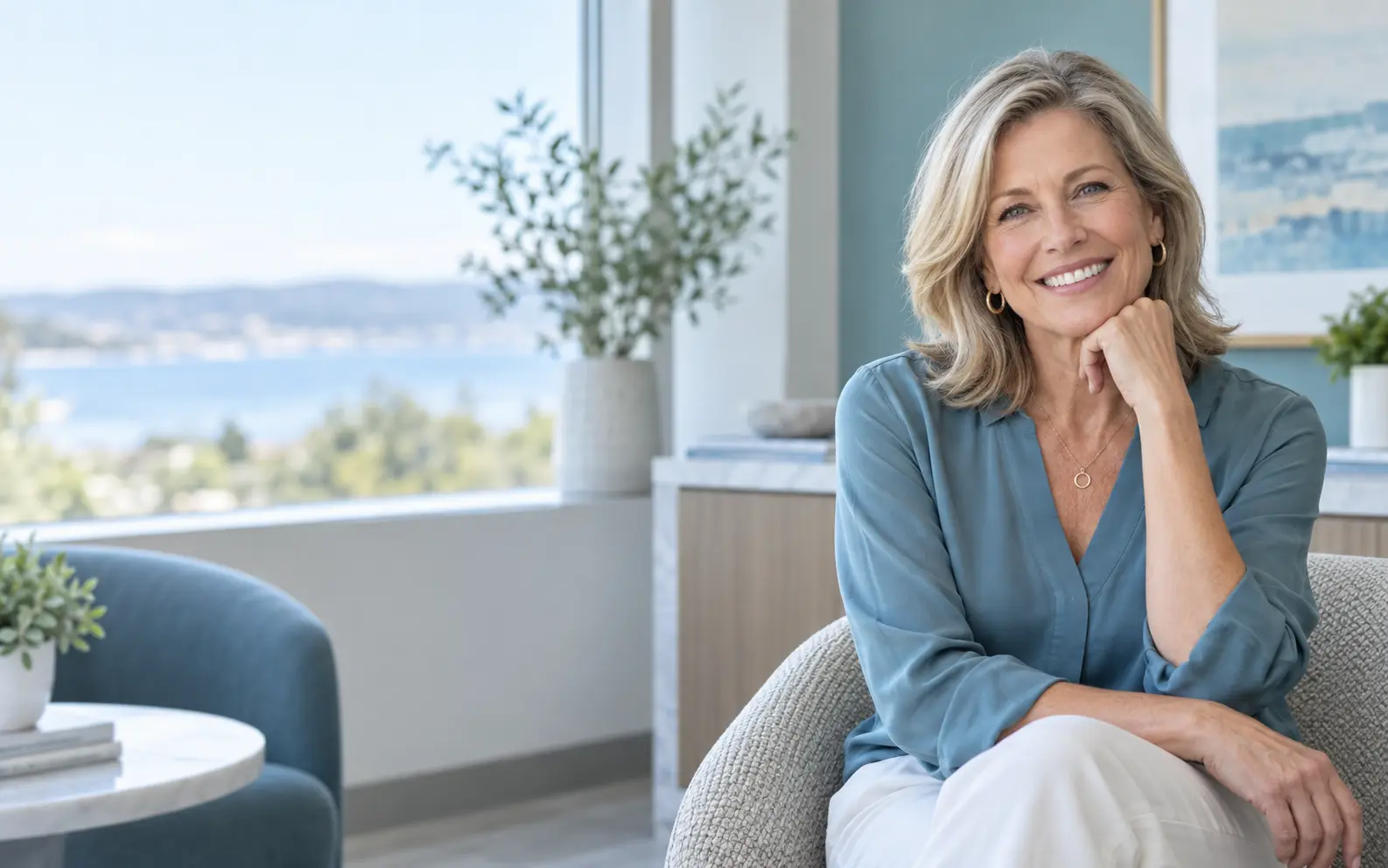 Blonde woman in blue blouse and white pants smiling on gray couch with hand under chin, illustrating dental prosthetics